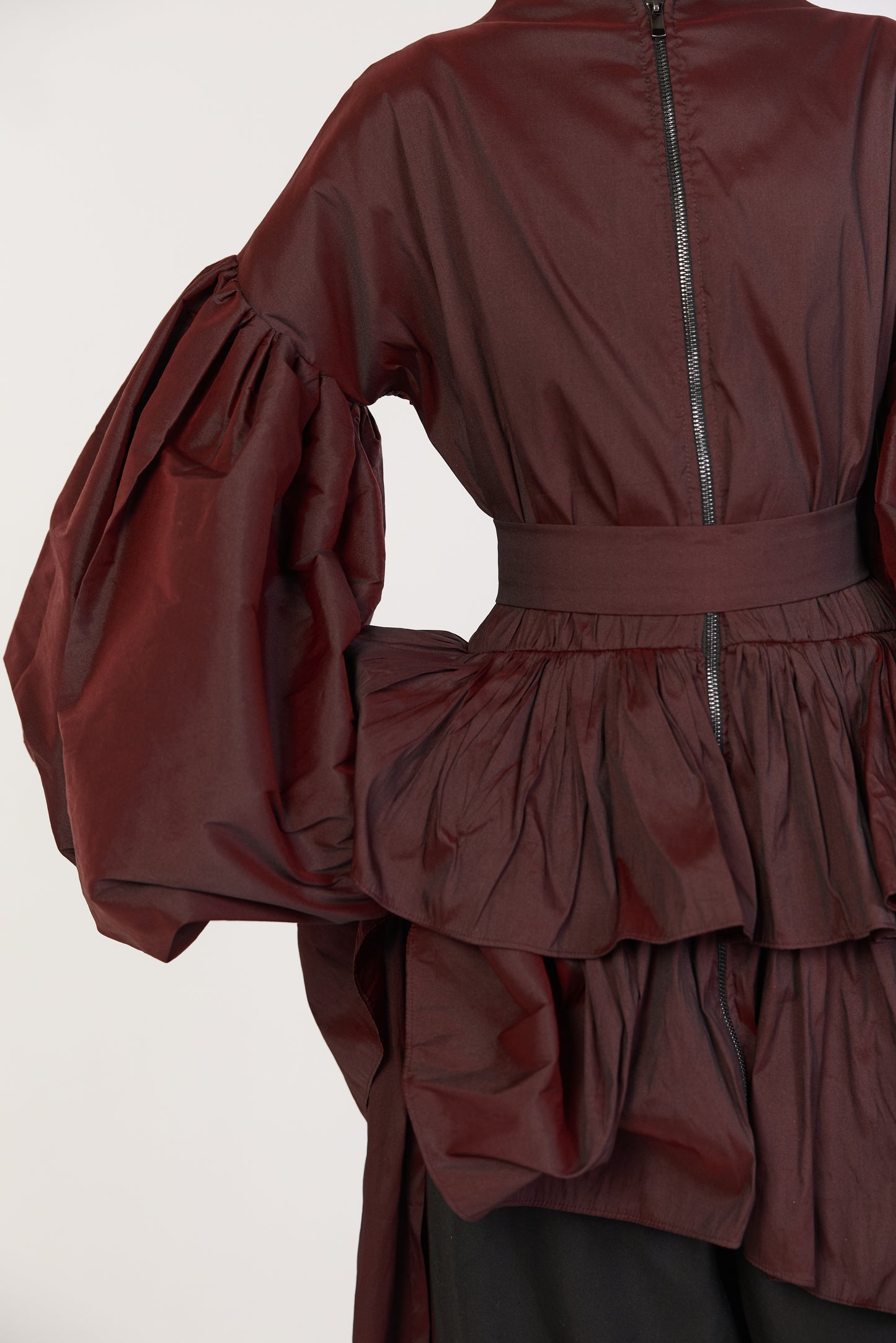 Burgundy Voluminous Sleeve Zip Dress with Belt