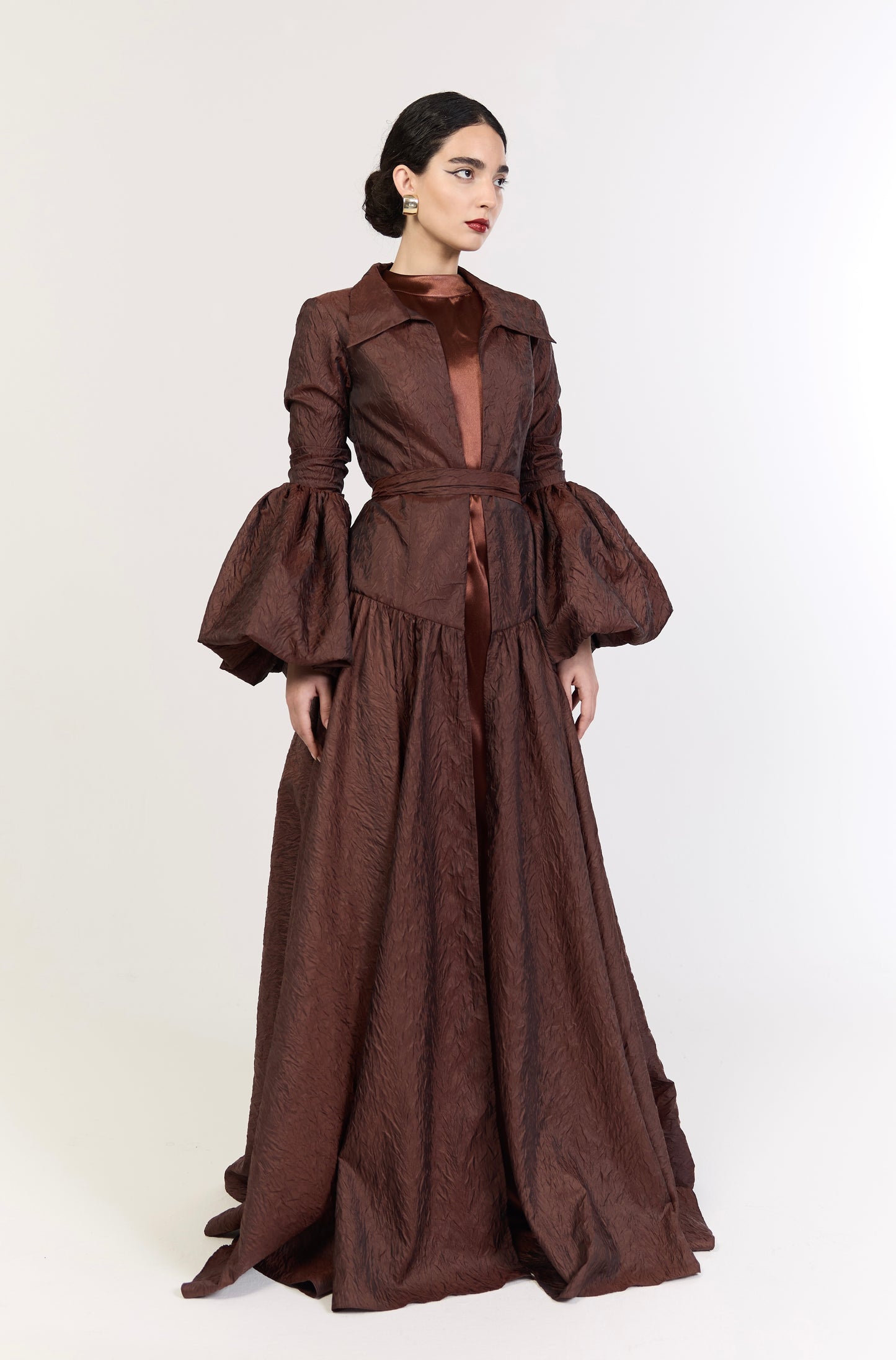 Brown Textured Open Overdress with Belt
