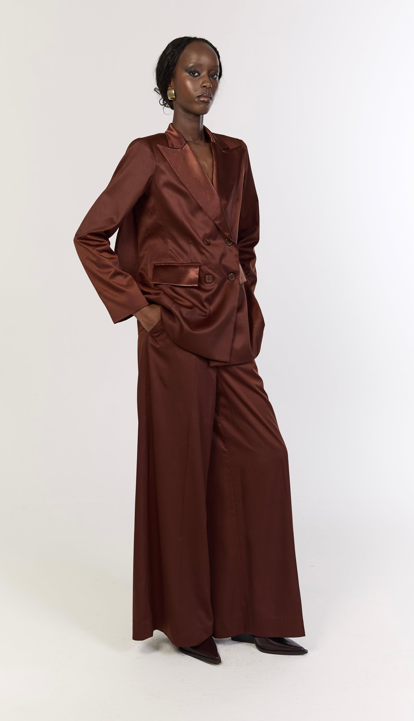 Copper Satin Open-Back Draped Blazer