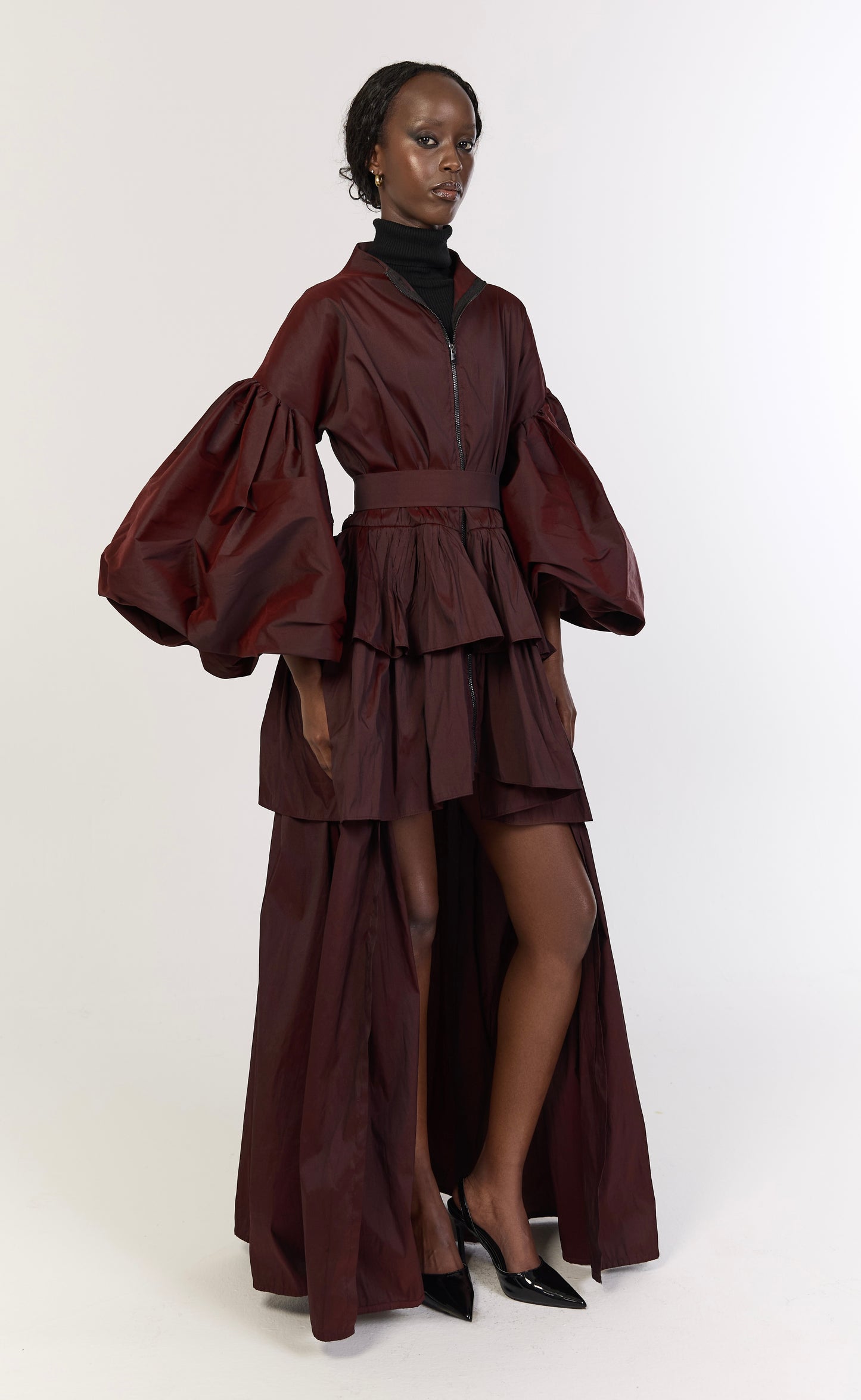 Burgundy Voluminous Sleeve Zip Dress with Belt