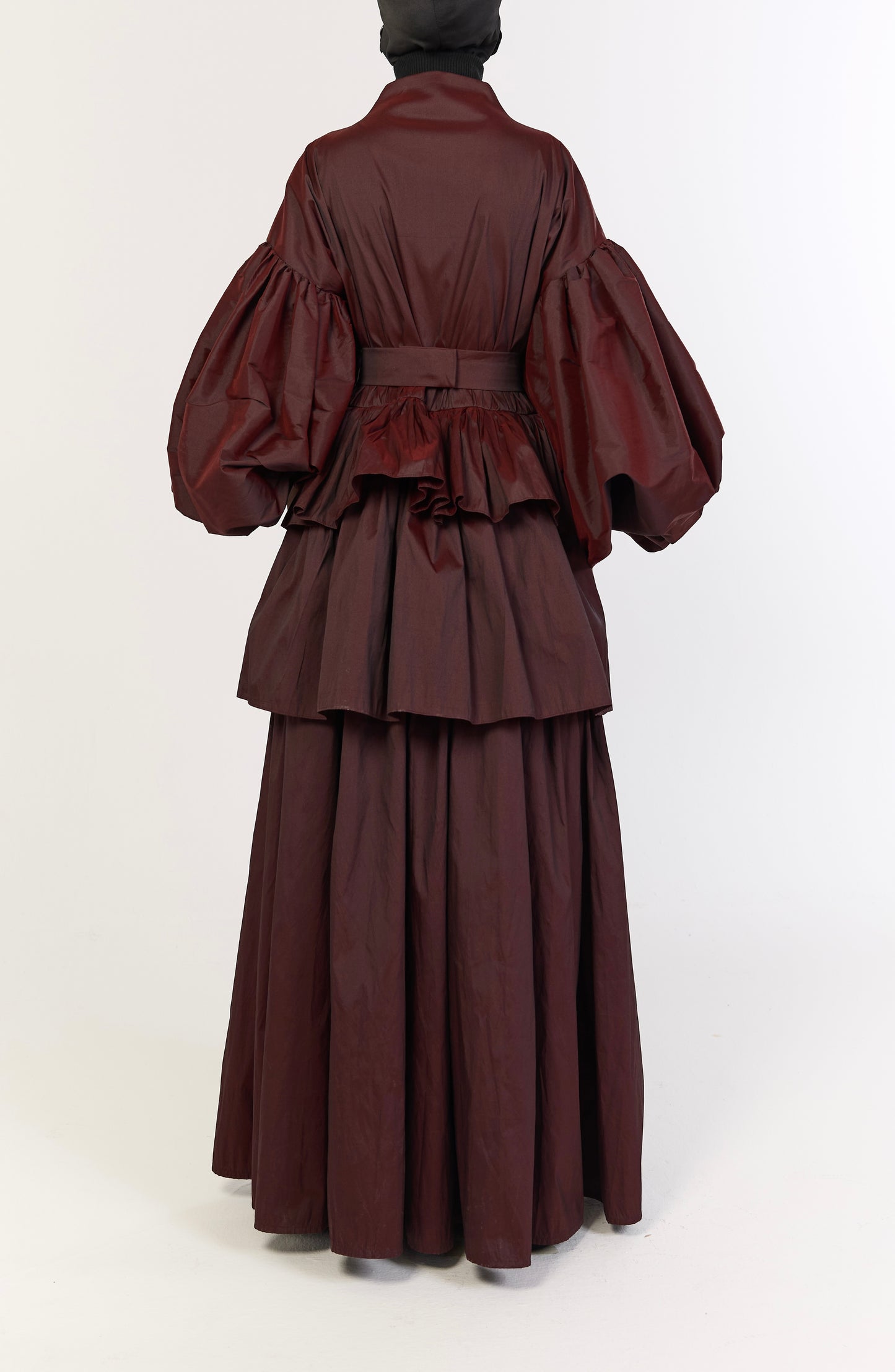 Burgundy Voluminous Sleeve Zip Dress with Belt