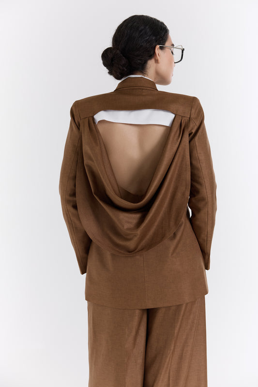 Warm Brown Open-Back Draped Blazer