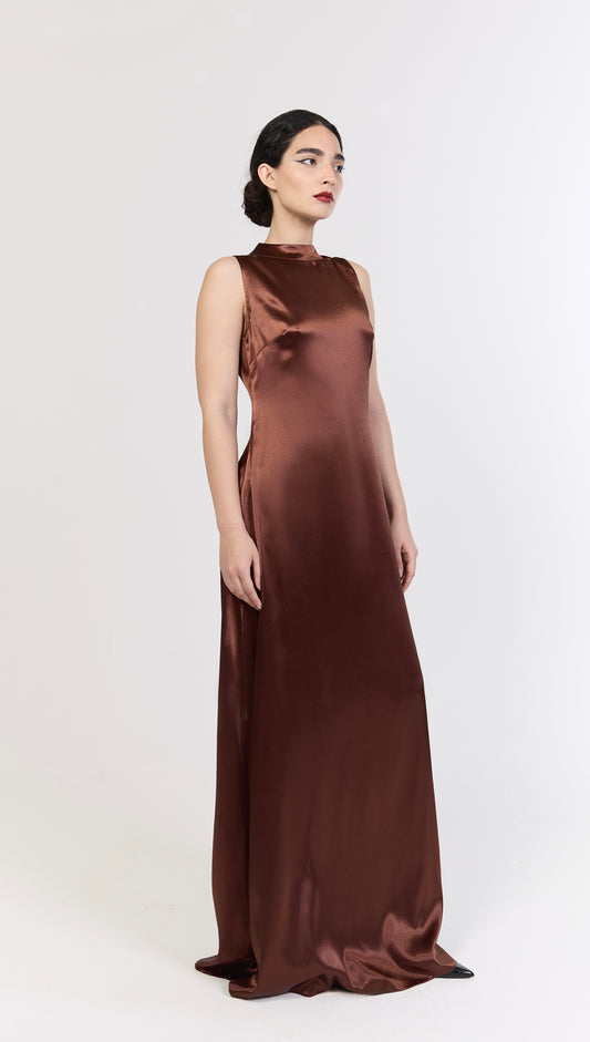 Copper Satin Sleeveless Maxi Dress