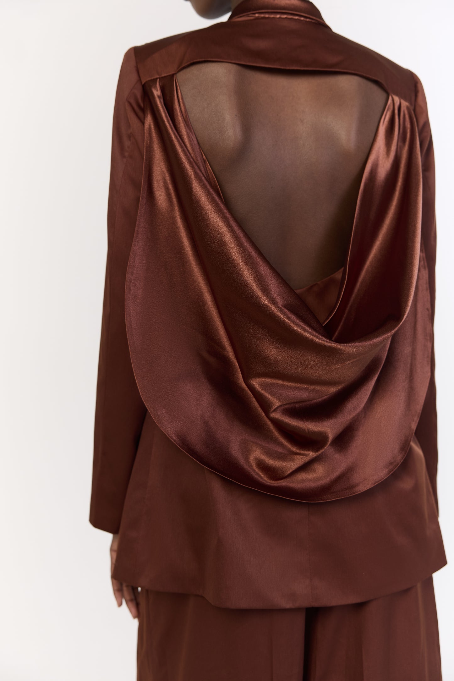 Copper Satin Open-Back Draped Blazer
