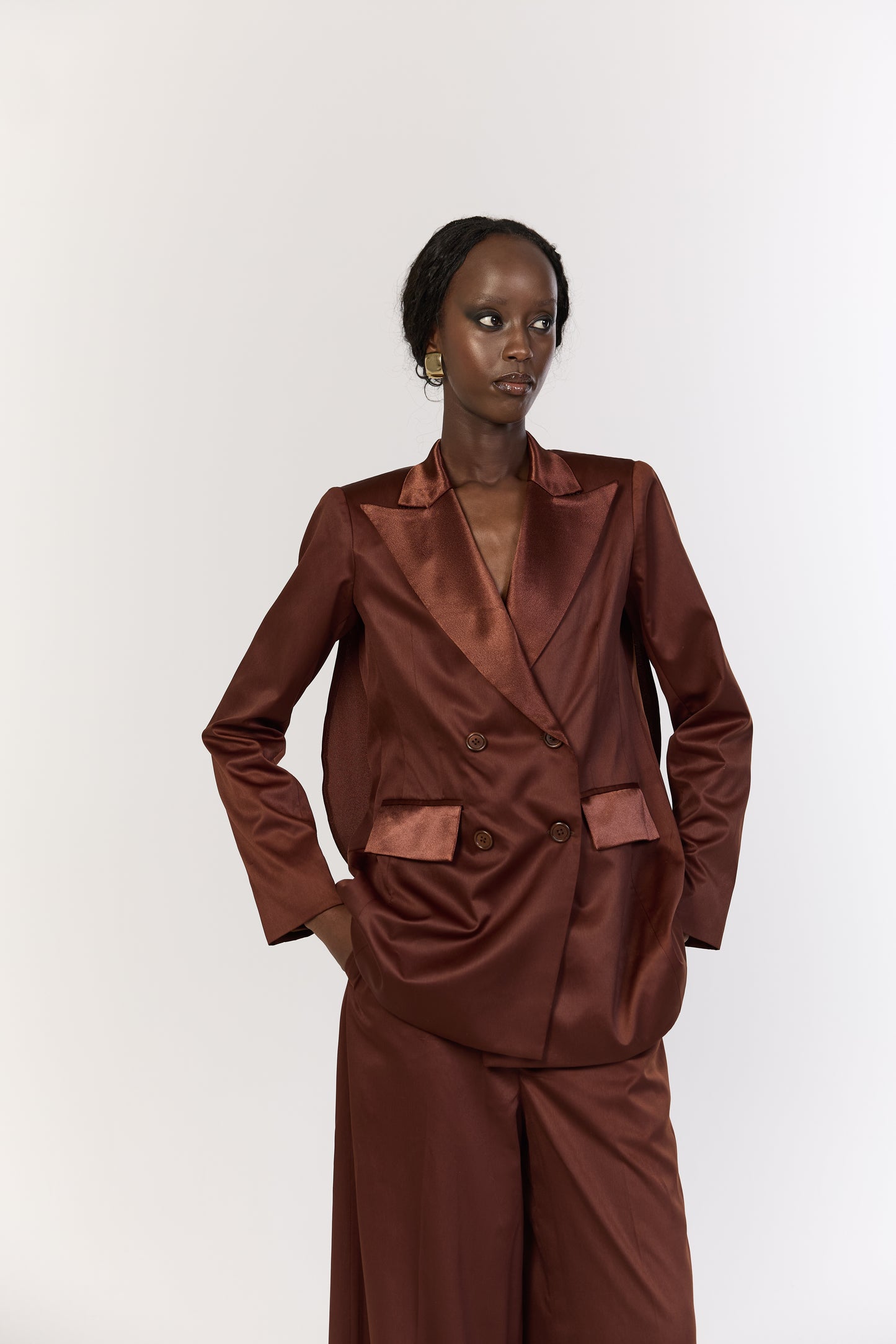 Copper Satin Open-Back Draped Blazer