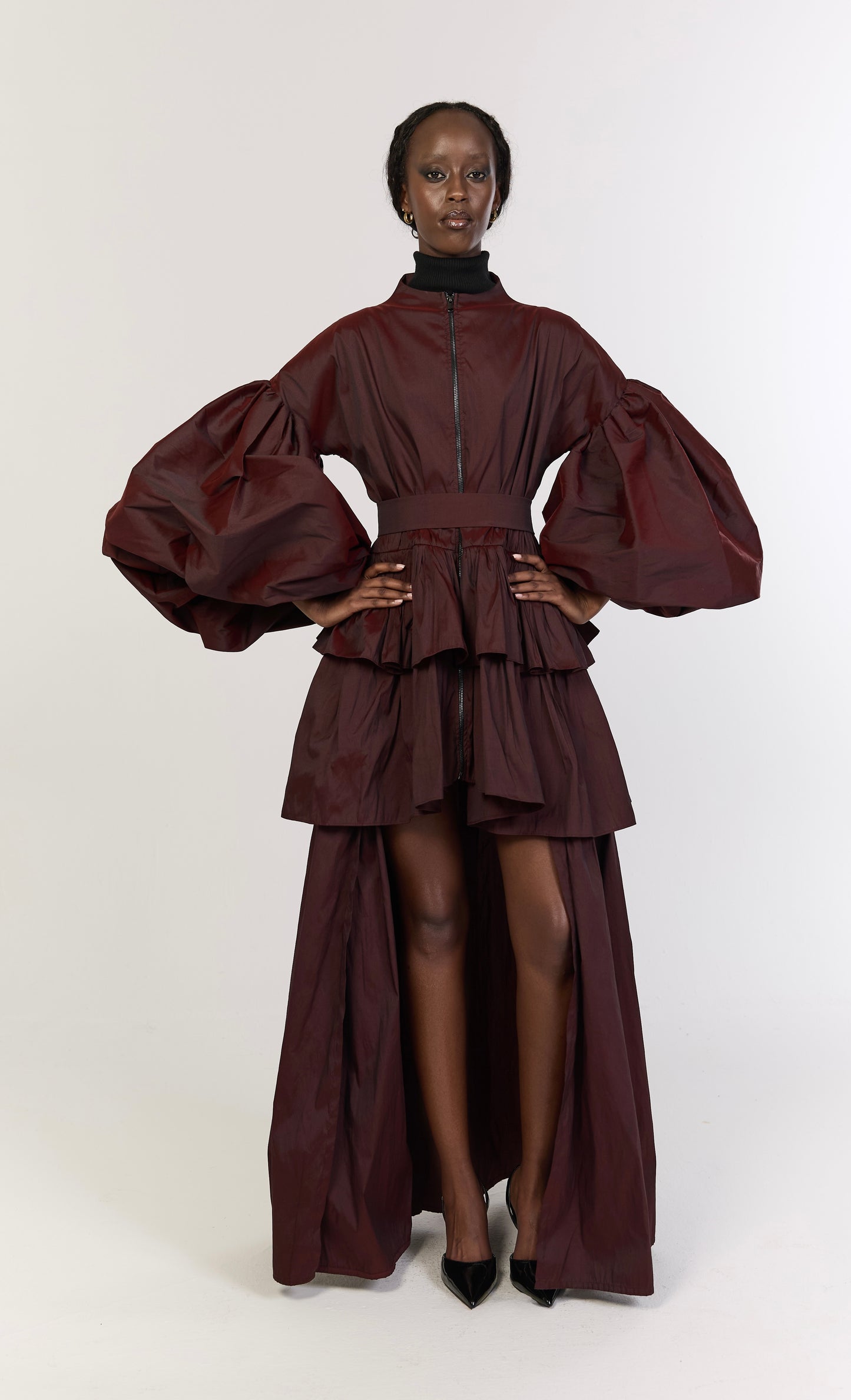 Burgundy Voluminous Sleeve Zip Dress with Belt