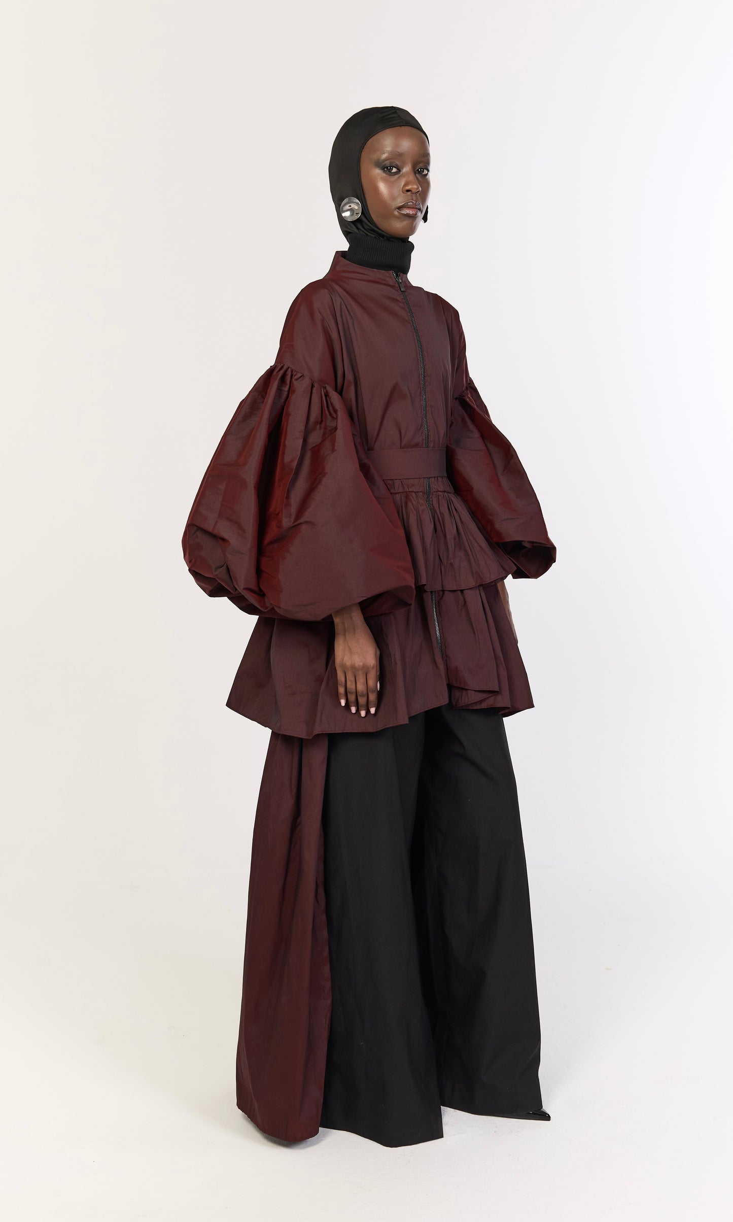 Burgundy Voluminous Sleeve Zip Dress with Belt